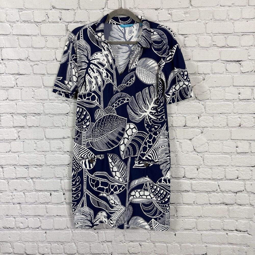 Tori Richard Resort Honolulu Stretch Dress Tropical Navy White Women Size S Boho